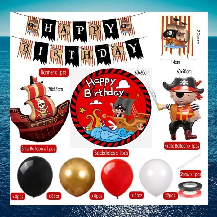 Kit Décoration Anniversaire Pirate 3 Ans - Ballons Aluminium, Banderole, Pièces Trésor, Décoration Gâteau (thème Garçon)
