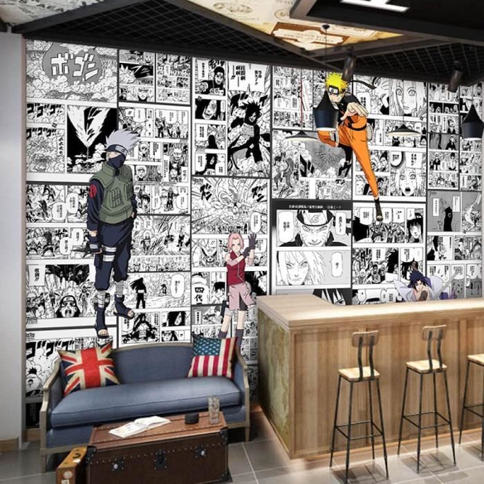 Papier peint Anime NARUTO Manga Noir Blanc mural personnalisé pour salon  chambre décoration murale-208x146cm(WxH)