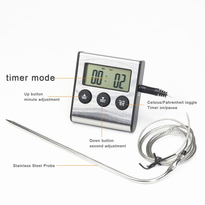 Thermometre professionnel four alarme + timer + sonde 1 m