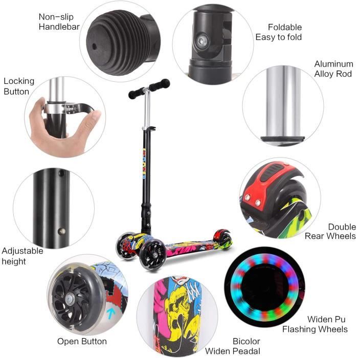 Trottinette Enfant DREAMADE Pliable, Guidon Réglable, Roues LED, Plateau Antidérapant – Pour Garçons Et Filles De 3 à 5 Ans