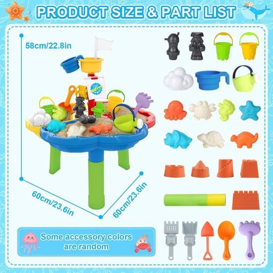 Table Sable Et Eau 3-en-1 Pour Enfant – Bac D’activités 44x29x62 Cm Avec Accessoires, Pulvérisateur, Roue à Eau – 3 Ans+