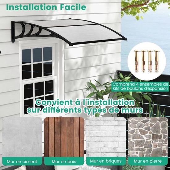 Auvent De Porte En Polycarbonate 122x99 Cm - Protection Solaire, Pluie, Neige (20 Kg) - Montage Facile, Couleur Brun