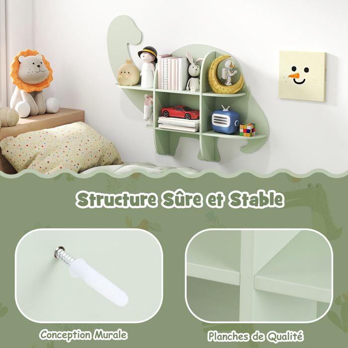 Etagère Murale Dinosaure 5 Espaces De Rangement Vert