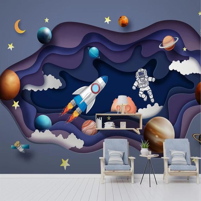 Papier Peint Panoramique 3D espace astronaute planète photo fond d ...