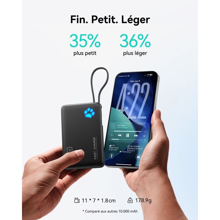 Power Bank 10000mAh Avec Câbles Intégrés - 6 Sorties, écran LED, Lampe De Poche, Charge Rapide PD/QC (bleu Foncé)