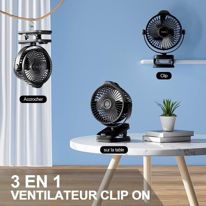 Ventilateur USB De Bureau Portable – 5 Vitesses, Pivot 360°, Batterie 2000 MAh – Silencieux, Léger, Avec Crochet Mural – Pour Maison/bureau