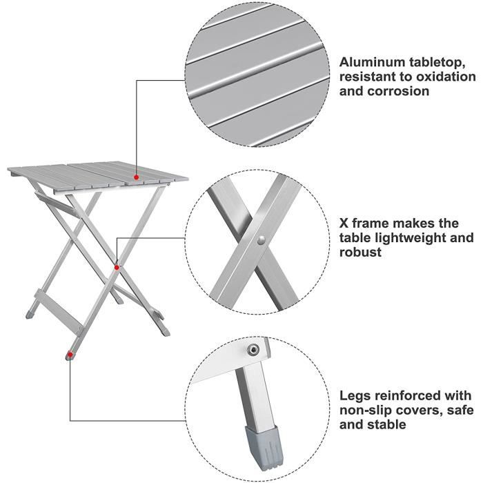 WOLTU Table De Camping Pliante En Aluminium - Table Portable Léger Et Robuste Pour Pique-Nique, Plage, Barbecue Et Extérieur, 68x46x40cm, Argent