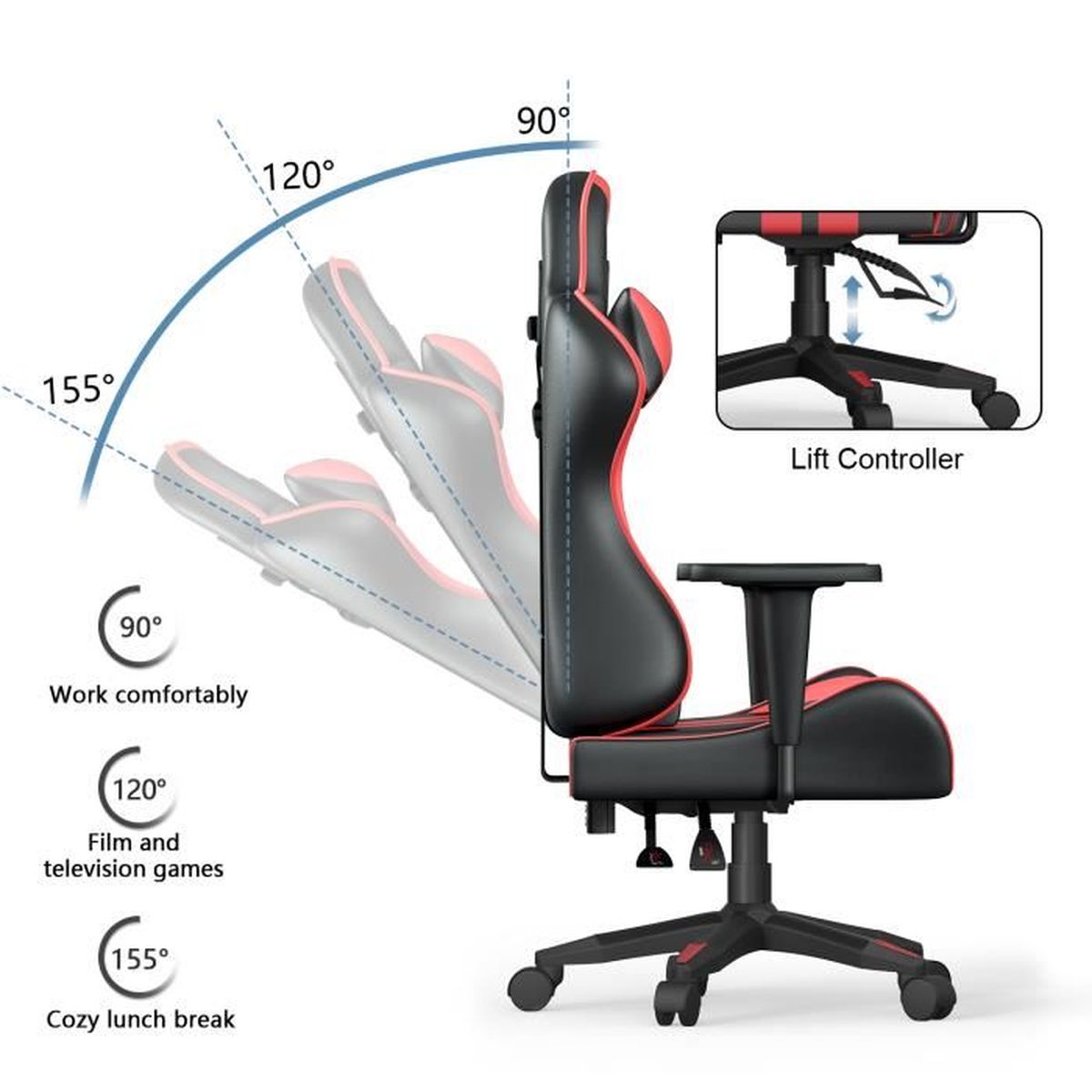 Chaise De Bureau Gaming Bigzzia Pivotante - Noir - Dimensions 53.5x53.5x127 Cm - Neuf En Boîte
