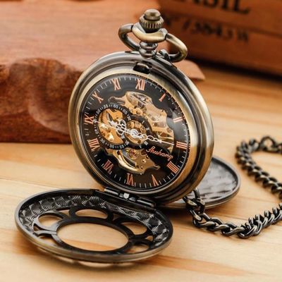 Montre De Poche Mécanique Squelette Dragon Phénix - Acier Inoxydable Bronzé Avec Chaînes
