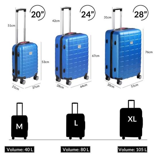 Set de 3 valises rigides Bleu 4 Roues 360° Bagage 2 poignées de Transport Plastique ABS Serrure Cadenas à Combinaison Malle Voyage léger Vacances
