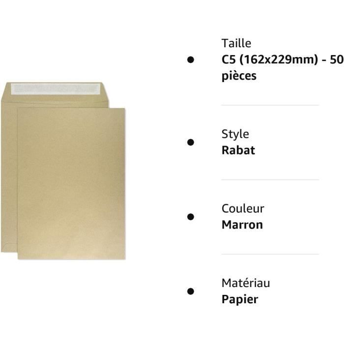 50 enveloppes DIN C5 brune 162x229 mm rabat droit adhésif sans fenêtre 80g  marron enveloppes professionnelles marron - Cdiscount Beaux-Arts et Loisirs  créatifs
