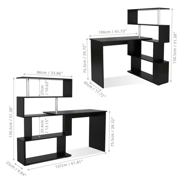 Bureau informatique avec étagère de 4 niveaux contemporaine - multi- rangements, Noir - MONDEER - Cdiscount Maison