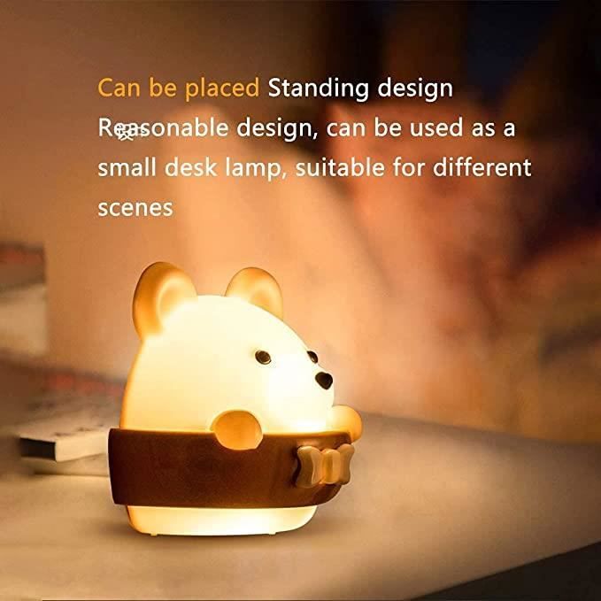 Veilleuse Bébé Ours Tactile Silicone – 9 Couleurs, 3 Modes, Télécommande, Minuterie – Rechargeable USB