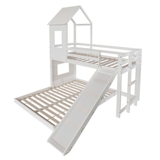 Lit Superposé Enfant Avec Toboggan - Lit Maison 140x200cm En Pin Massif - Gris - Pour Garçons Et Filles - 6