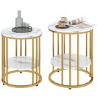 Lot de 2 tables basses rondes - HOMCOM - effet marbre - avec étagère de rangement ouverte, cadre en acier - pour salon chambre - or