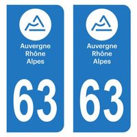 Lot 2 Autocollants Stickers plaque immatriculation voiture auto département 63 Puy-de-Dôme Logo Auvergne-Rhône-Alpes