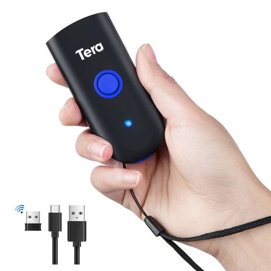 Tera Pro Scanner Code Barre Bague 1D CCD Sans Fil – Portable 2.4GHz + Bluetooth + USB, Compatible Android/iOS/Windows, Mémoire 100000 Codes