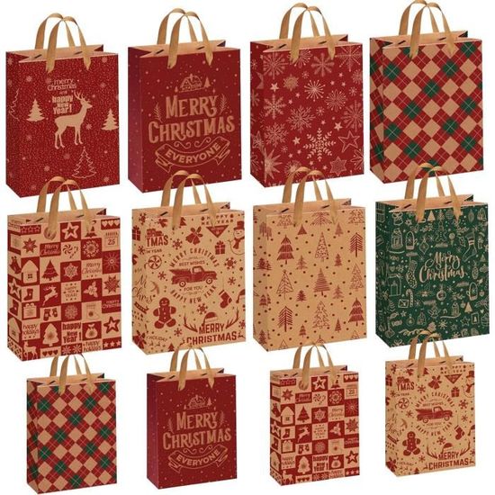 12 Sacs Cadeaux Noël Kraft Réutilisables – 6 Grands + 6 Petits, Motifs Festifs, Corde Chanvre