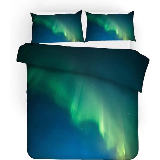 3D Aurore Parure de lit 2 Personnes Aurores Boréales Montagnes Housse de couette 200x200 Enfant Ado Fille Garçon Literie en Microfibre 3 pièces avec Fermeture Éclair et 2 Taies d'oreiller 50x75