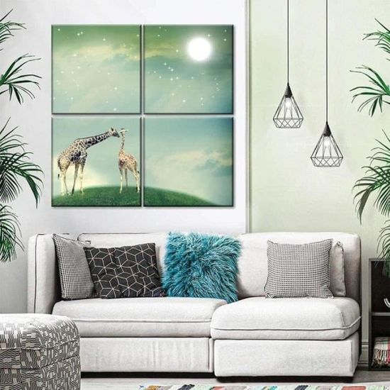Toile 4 Pièces Poster Giraffen Unter Der Mondlandschaft Image Tableau