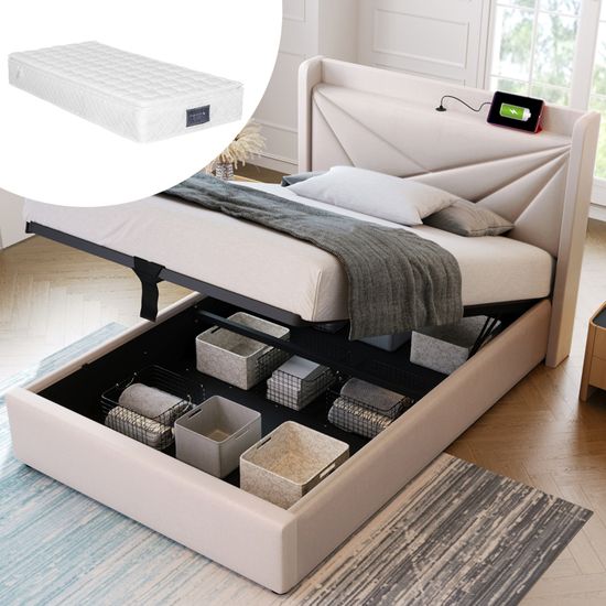Lit Simple 90x200 Avec Rangement Hydraulique Et LED - Tête De Lit Rabattable, Ports USB, Cadre Lattes - Lin Beige