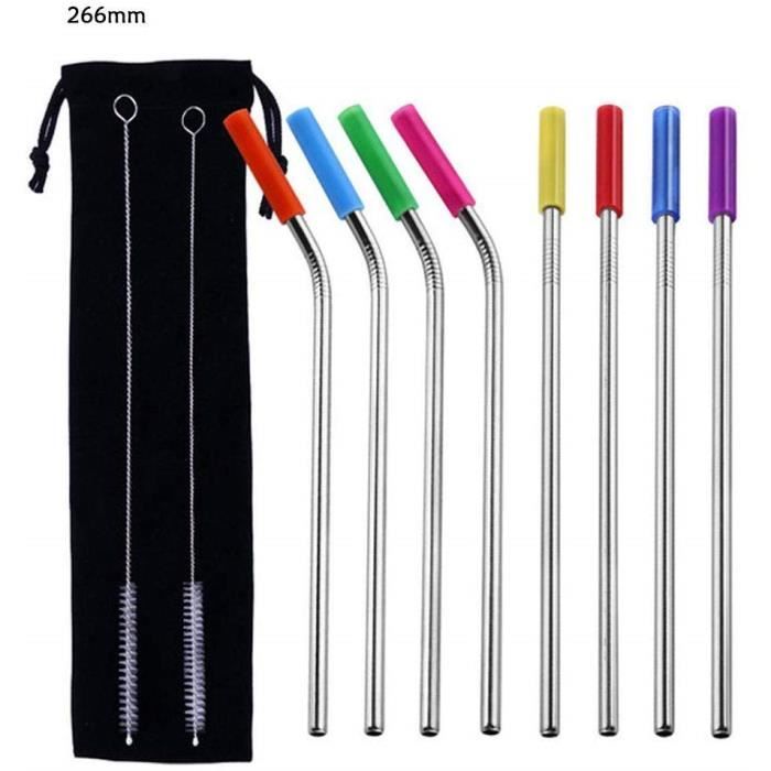 Paille INOX Enfant Pliable, Pailles Réutilisables Lot De 8 Acier Inoxydable Pailles avec Brosse de Nettoyage Convient pour Famille,