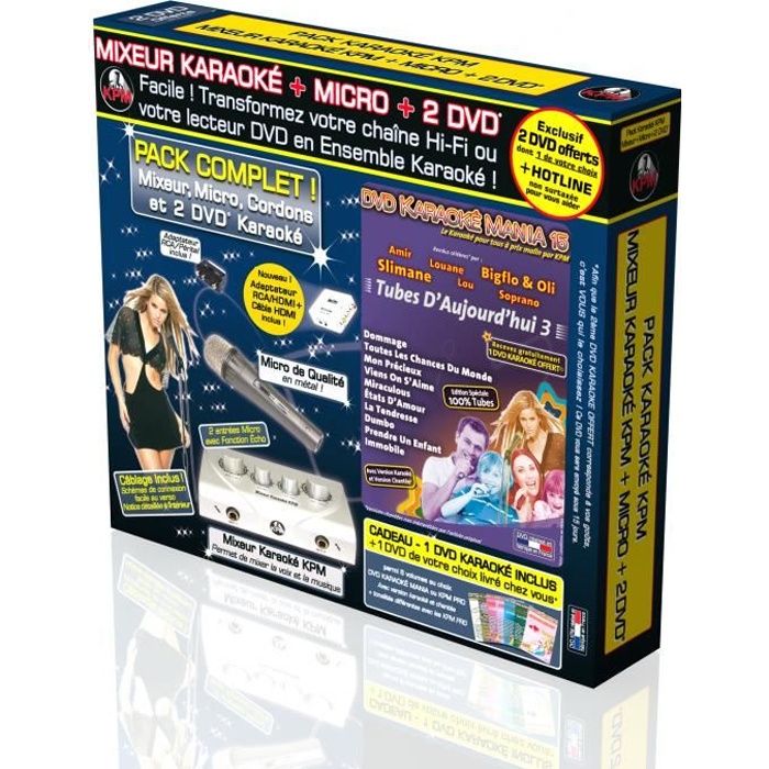 Pack Karaoké KPM Mixeur + 2 DVD + Micro + Adaptateur RCA/HDMI + Câble HDMI 1.5M - Tubes D'Aujourd'hui 2018 & 2019