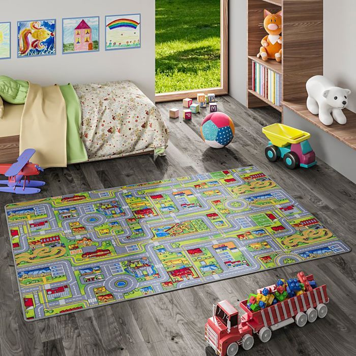 Snapstyle - Tapis de jeu pour enfant aventure motifs village couloir - 100x100 cm