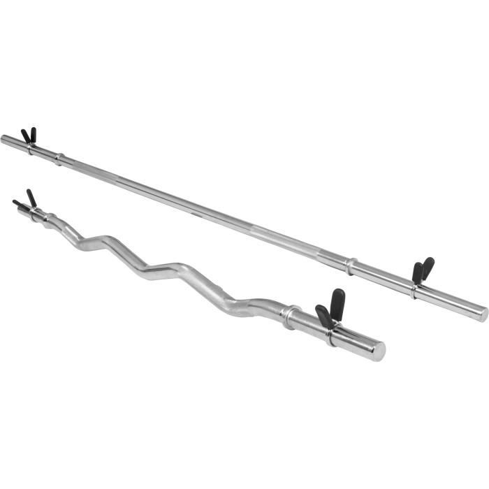Lot : Barre longue de 170cm + barre curl de 120cm, diamètre 30mm avec stop disques
