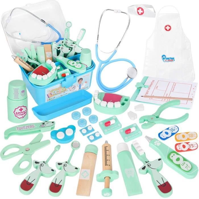 42pcs Malette Docteur Jouet en Bois Trousse de Premiers Soins pour Enfants Imitation Jeu Cadeau de 3 4 5 Ans (Bleu)