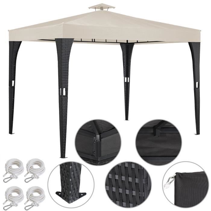 Tonnelle de jardin en polyrotin 3x3 m - Pavillon, Tente de réception, Pergola - noir crème - Terrasse Jardin Extérieur