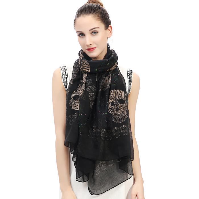Écharpe Foulard Femme Imprimé Crâne le jour de la morts - Noir