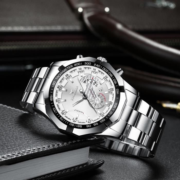 RMEGA Montre Homme Montre Bracelet Homme Affaires Quartz Etanche Acier Inoxydable Bande Acier Cadran Argenté