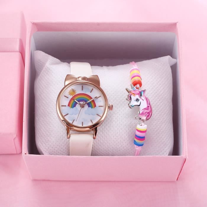 SHARPHY Coffret montre enfant fille + bracelet - arc en ciel licorne mignon mode montre étudiant cadeau