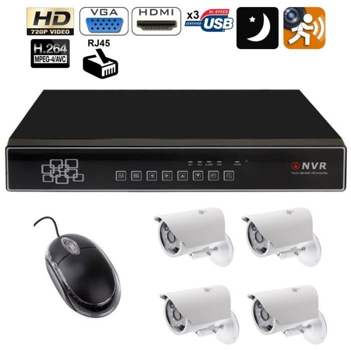 Kit vidéosurveillance enregistreur 4 caméras IP IR 720p