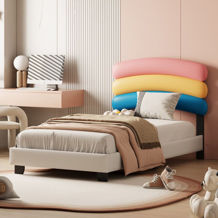 cadre de lit simple - lit enfant 90*200cm, matelas non inclus, cuir pu en forme d'arc-en-ciel, blanc - hauss spole