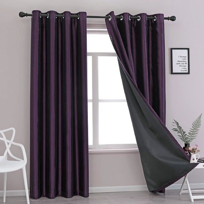 Rideaux Occultants En Imitation Soie Avec Doublure Noire De Couleur Unie Pour Chambre À Coucher