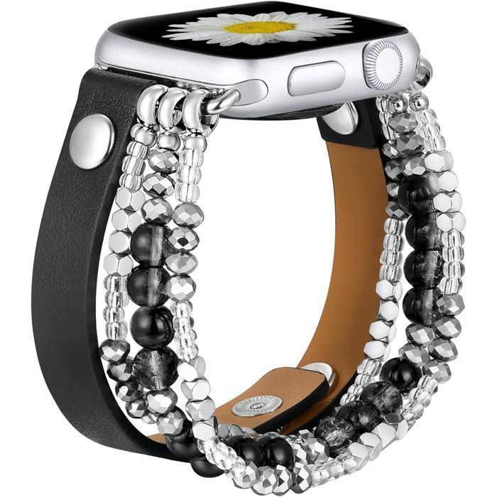 Stravo Bracelet Montre Perlé Boho Femme Élastique pour Apple Watch 44/45/46/49mm (Série 4-11) Bracelet Extensible Noir