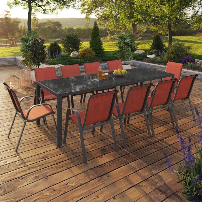 IDMARKET Salon de jardin MADRID table 240 CM et 10 chaises empilables terracotta