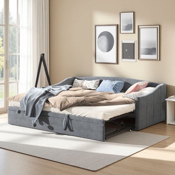 Lit gigogne 90/180×190 cm Canapé-Lit Convertible 2 en 1 Lit rembourré cadre de lit Sommier à lattes 2 Personnes Velours Gris