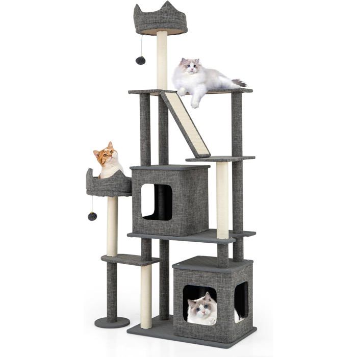 Meilleurs prix pour GOPLUS Arbre à Chats XXL 180CM à 7 Niveaux avec Poteaux à Gratter et Panneau en Sisal 2 Condo Amovibles 86 x 40 x 180cm Gris