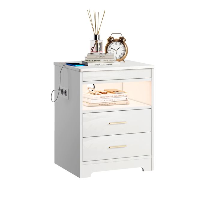 Table De Chevet LED Moderne Blanc Avec Multiprise, 2 Tiroirs, Compartiment Ouvert Et RGB Personnalisable