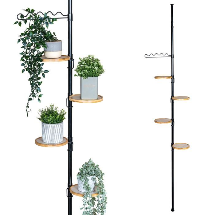bremermann Étagère à fleurs télescopique avec 4 étagères en bambou escalier à fleurs réglable en hauteur de 140 à 290 cm noir