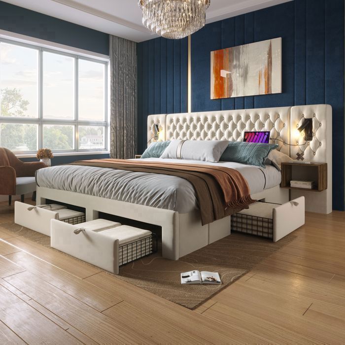 Lit Coffre Double 160 x 200 cm avec Lampe Lecture et USB Lit avec 2 Tables et 4 Tiroirs lit avec Sommier à Lattes Velours Beige