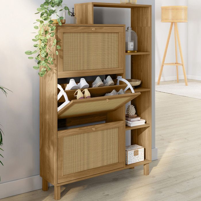 IDMARKET Meuble à chaussures 18 paires HANAE 3 portes effet naturel cannage avec étagère IDMARKET Meuble à chaussures 18 paires HANAE 3 portes effet naturel cannage avec étagère