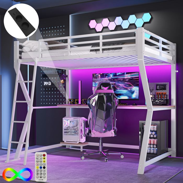 Lits superposés 90 * 200cm avec lumière LED console dordinateur bureau prise + USB balustrade escalier sans matelas blanc