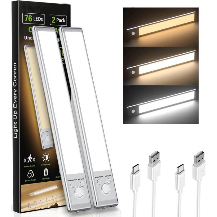 Éclairage pour meubles de cuisine - Lot de 2 lampes LED à détecteur de mouvement pour sous-meuble - 76 LED alimentation USB