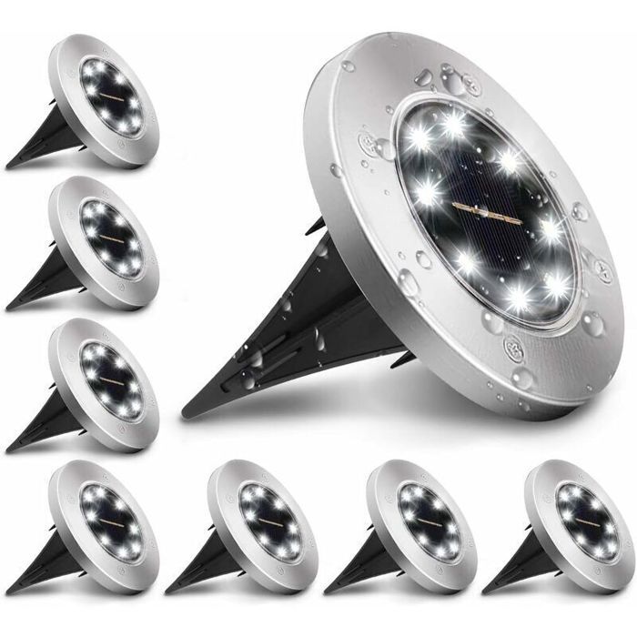 8 Pack Lampe Solaire Extérieur Lumière Solaire pour Jardin au Sol étanche IP65 éclairage 8 LEDs Blanc Froid 6000K Lampe Solaire S