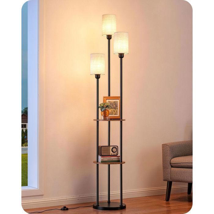 EDISHINE Lampadaire sur Pied pour Salon Lampe sur Pied LED 3-Flamme avec Étagère et Abat-Jour en Lin Ampoules E27 Incluses 178 cm