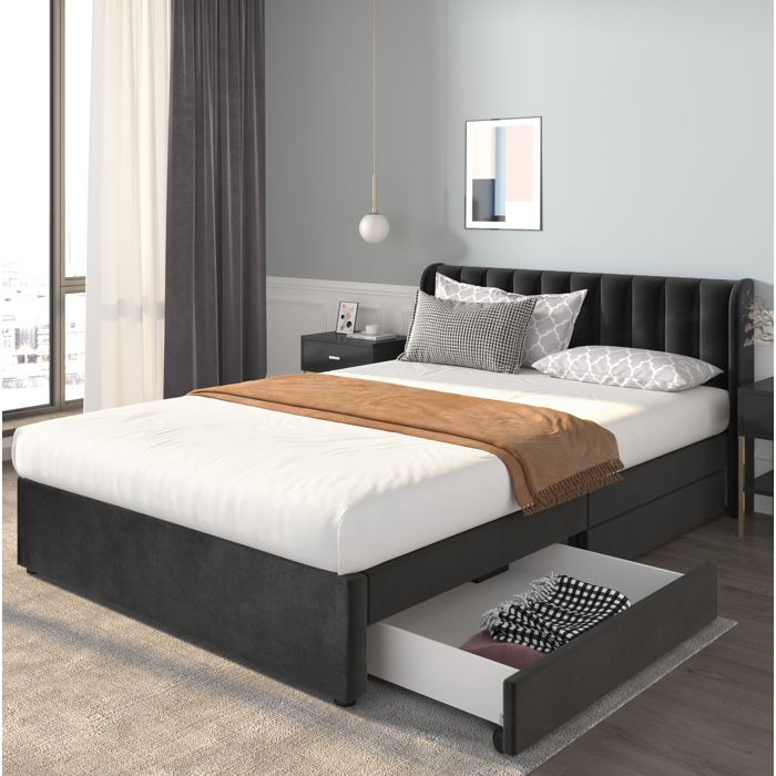 Maisentiel Lit double 160 x 200 cm noir en velours avec sommier à lattes tête de lit haute et 2 tiroirs